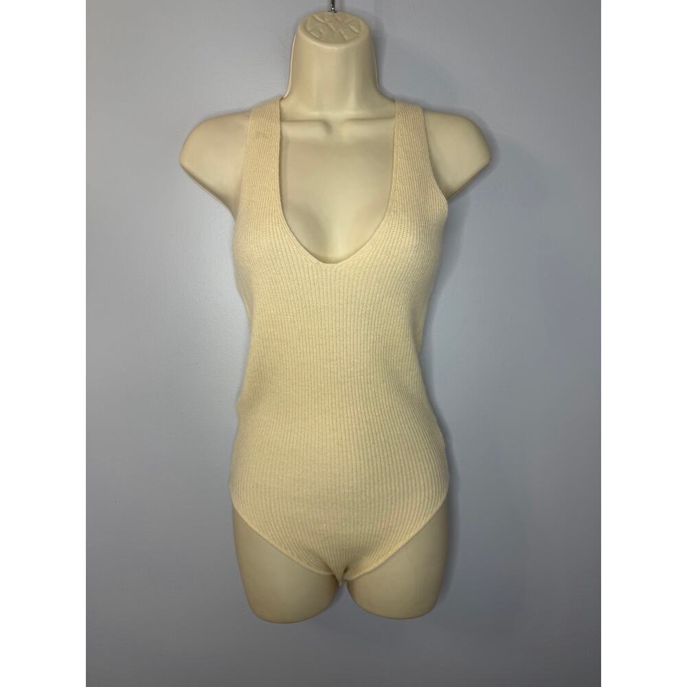 Ryan Roche Cashmere Bodysuit Rib Knit Cream Tie Open Back O/S